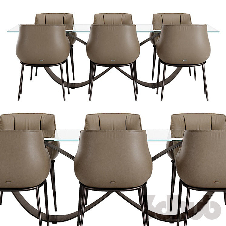 Cattelan Italia Butterfly Table Rhonda Chairs 3D Model Modern Sculptural Glass Round Dining Table Leather Armchairs Set 3ds Max