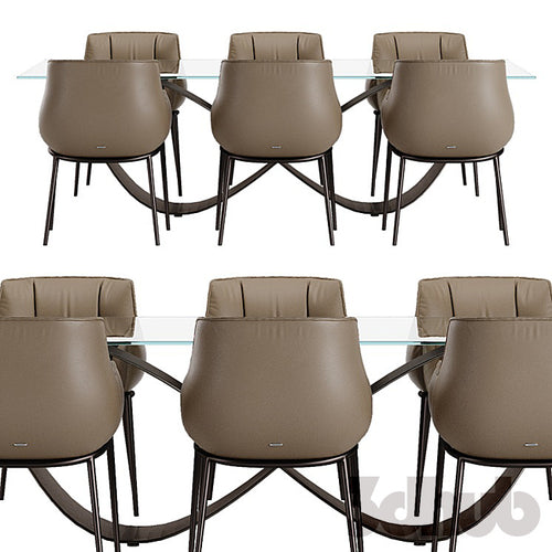 Cattelan Italia Butterfly Table Rhonda Chairs 3D Model Modern Sculptural Glass Round Dining Table Leather Armchairs Set 3ds Max