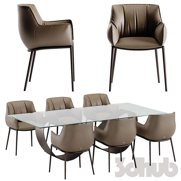 Cattelan Italia Butterfly Table Rhonda Chairs 3D Model Modern Sculptural Glass Round Dining Table Leather Armchairs Set 3ds Max