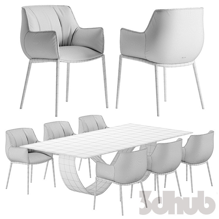 Cattelan Italia Butterfly Table Rhonda Chairs 3D Model Modern Sculptural Glass Round Dining Table Leather Armchairs Set 3ds Max