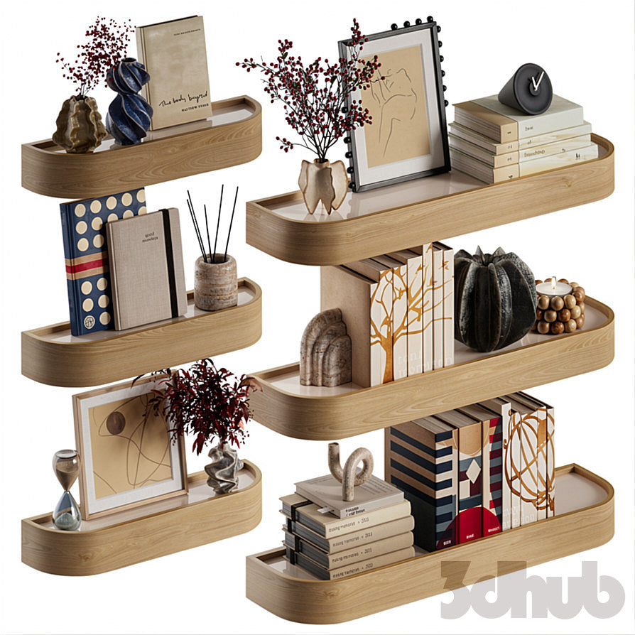 Decor Set XXX - Modern Curved Wooden Wall Shelves & Book Decor Set - 3D Model