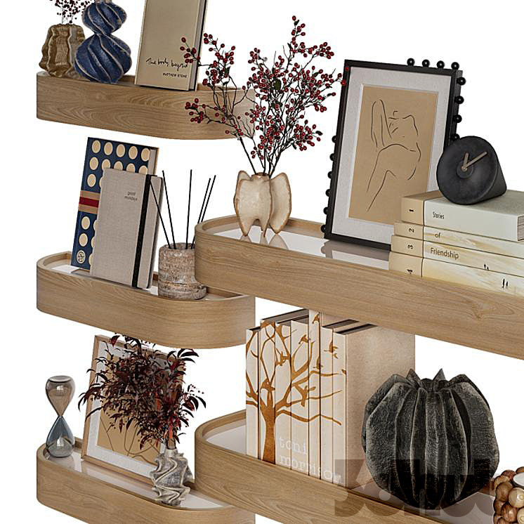 Decor Set XXX - Modern Curved Wooden Wall Shelves & Book Decor Set - 3D Model