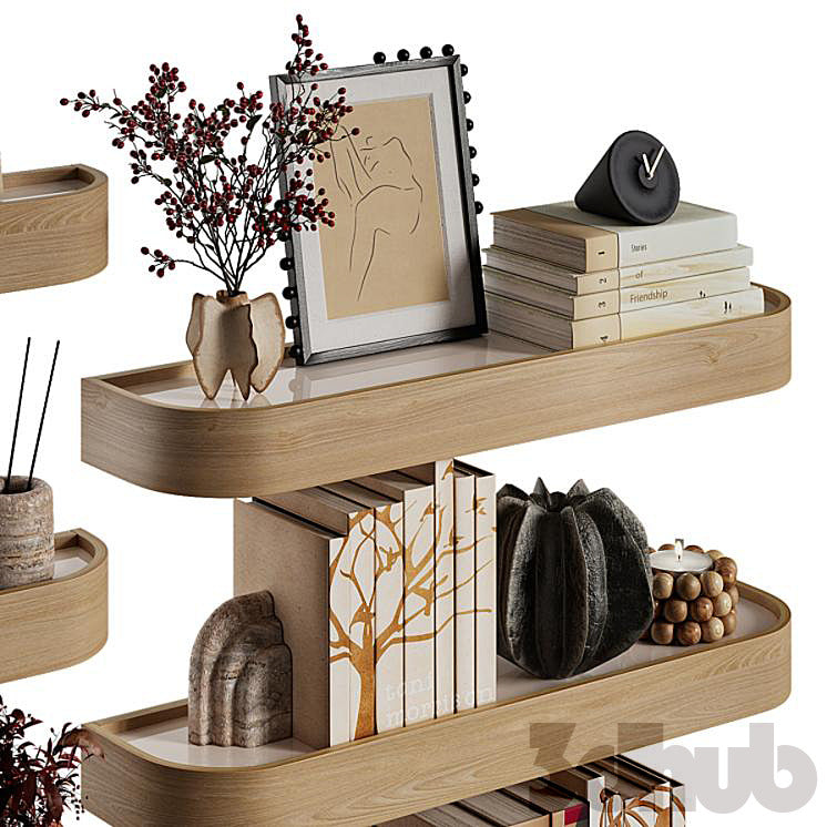 Decor Set XXX - Modern Curved Wooden Wall Shelves & Book Decor Set - 3D Model
