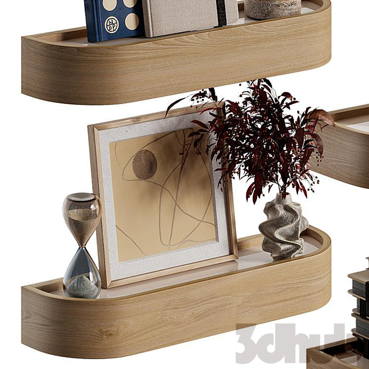 Decor Set XXX - Modern Curved Wooden Wall Shelves & Book Decor Set - 3D Model