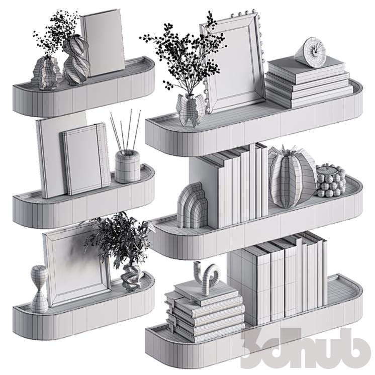 Decor Set XXX - Modern Curved Wooden Wall Shelves & Book Decor Set - 3D Model
