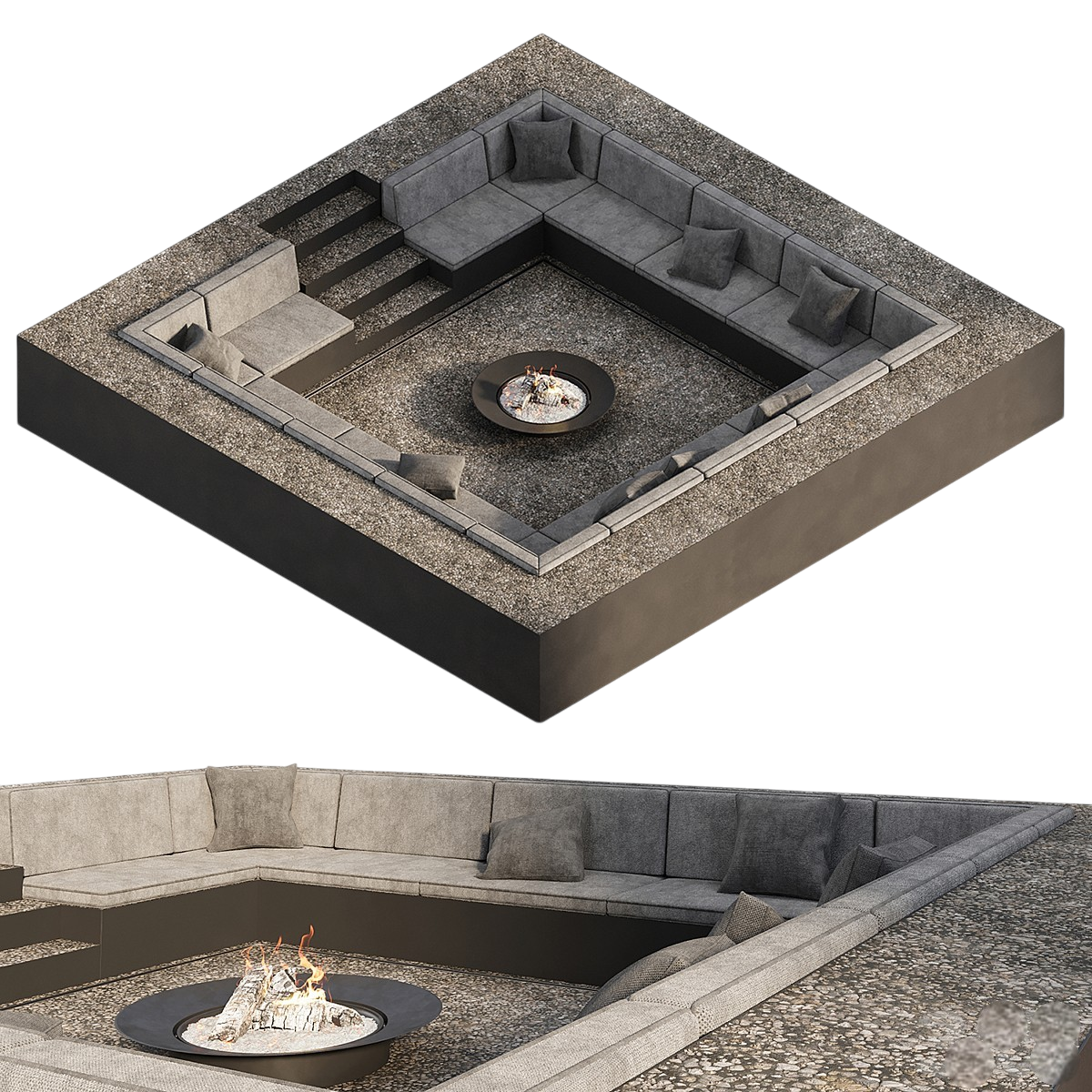 Modern Sunken Fire Pit Lounge Zone 3D Model | Outdoor Furniture Asset