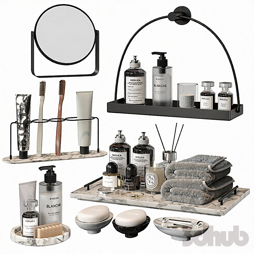 Minimalist Marble Bathroom Accessory Set - 3D Model for Interior Design