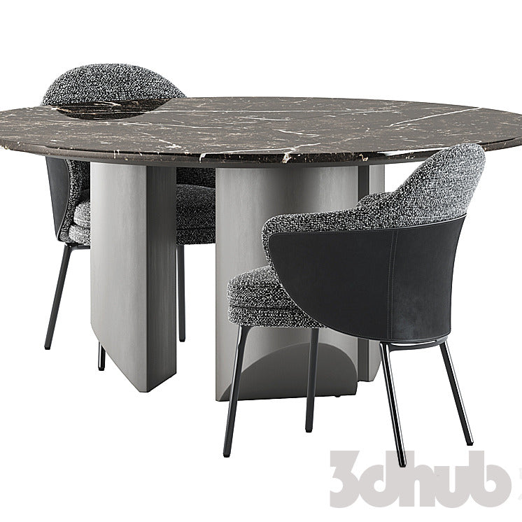 Minotti Wedge Dining Table Angie Chairs 3D Model Modern Marble Round Table Textured Boucle Armchairs Set 3ds Max FBX OBJ Pro