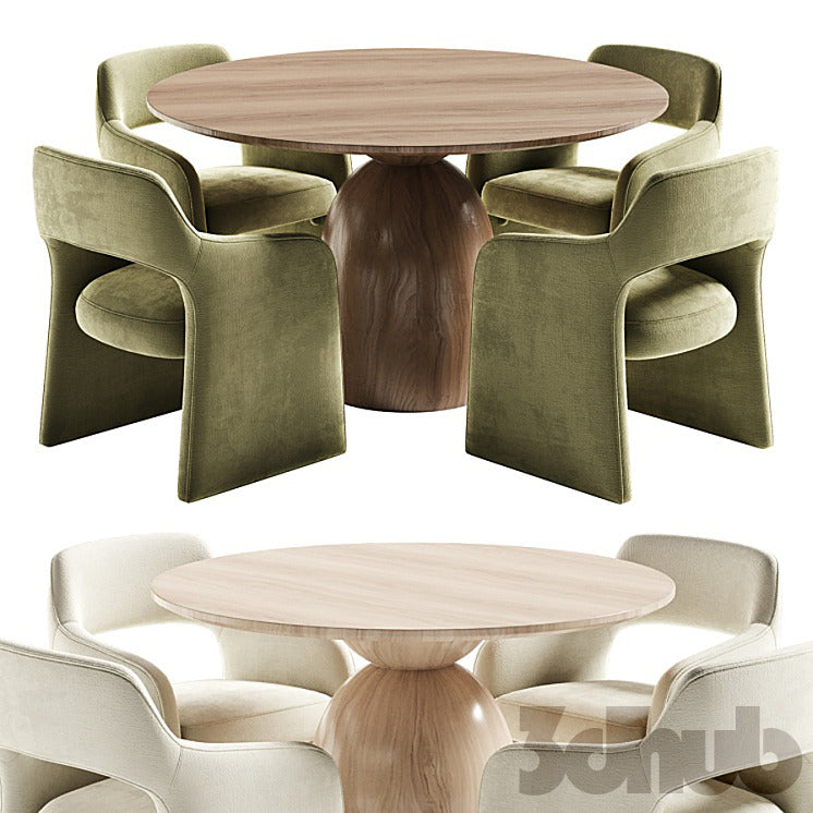 Sigrid Dining Table Fintan Chairs 3D Model Modern Solid Wood Pedestal Round Table and Boucle Armchairs Dining Set 3ds Max FBX OBJ