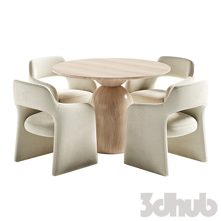 Sigrid Dining Table Fintan Chairs 3D Model Modern Solid Wood Pedestal Round Table and Boucle Armchairs Dining Set 3ds Max FBX OBJ