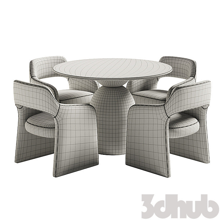 Sigrid Dining Table Fintan Chairs 3D Model Modern Solid Wood Pedestal Round Table and Boucle Armchairs Dining Set 3ds Max FBX OBJ