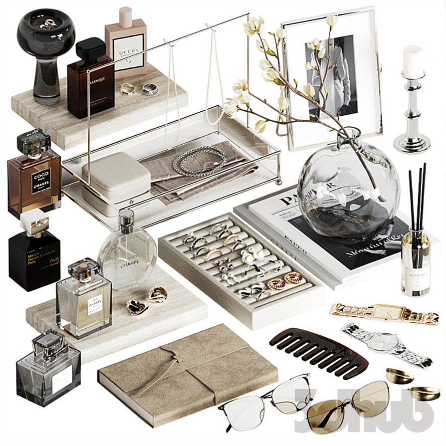 Decor Set XXX - Luxury Vanity Jewelry & Perfume Styling Set - 3D Model