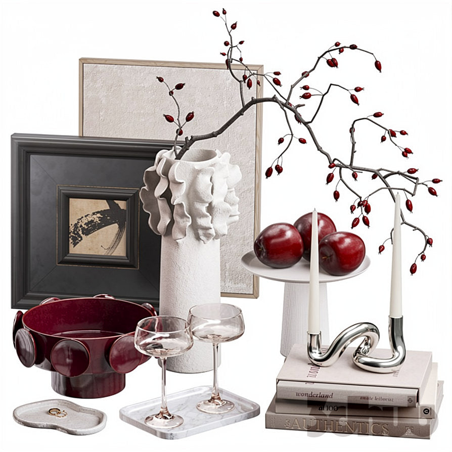 Decor Set XXX - Modern Burgundy & Chrome Tabletop Art Styling Set - 3D Model