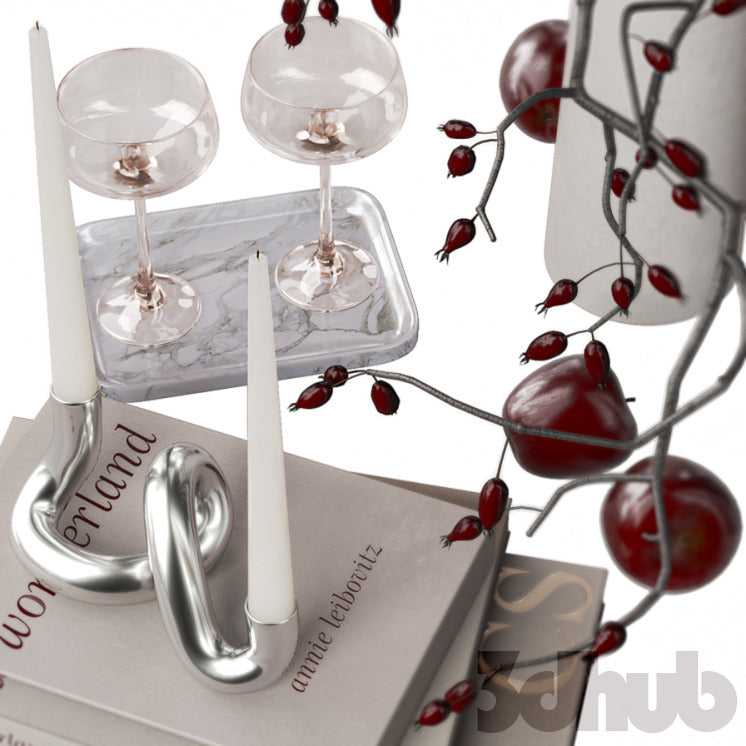 Decor Set XXX - Modern Burgundy & Chrome Tabletop Art Styling Set - 3D Model