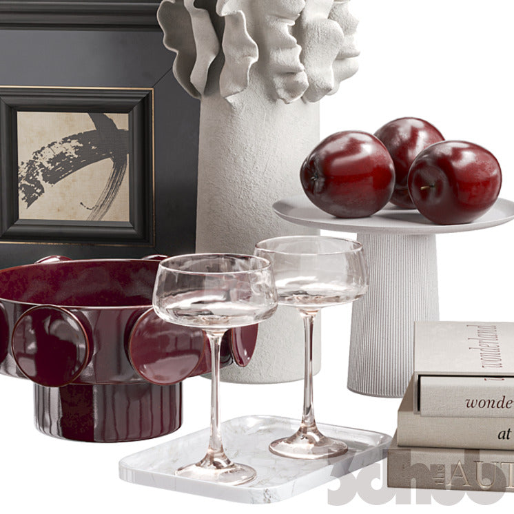 Decor Set XXX - Modern Burgundy & Chrome Tabletop Art Styling Set - 3D Model