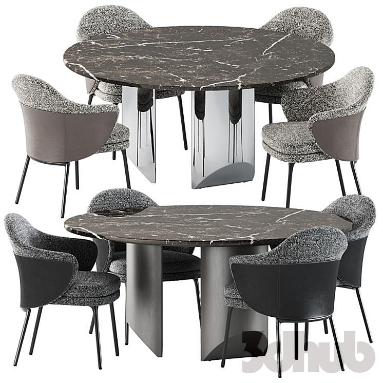 Minotti Wedge Dining Table Angie Chairs 3D Model Modern Marble Round Table Textured Boucle Armchairs Set 3ds Max FBX OBJ Pro